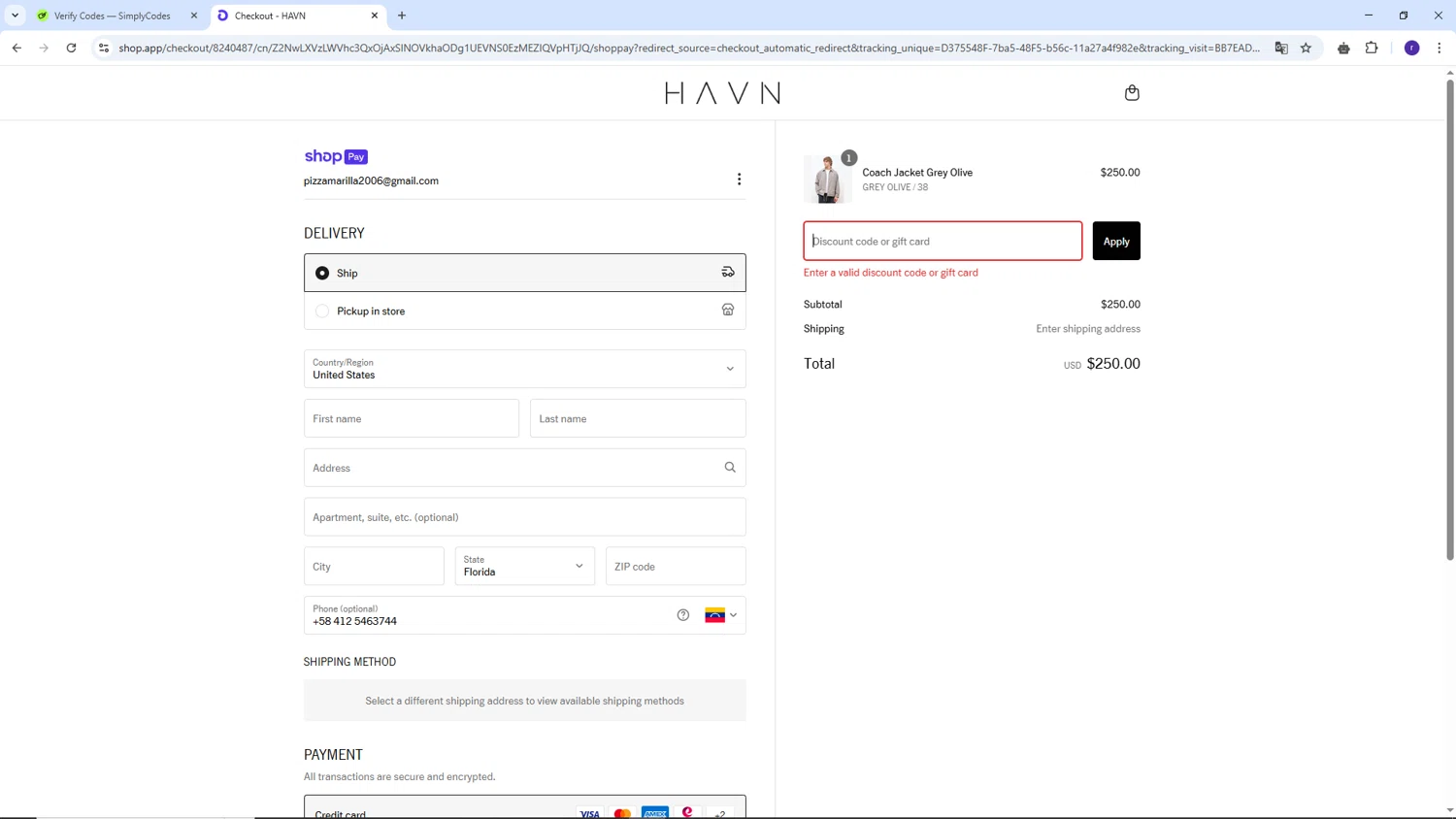 HAVN discount code screenshot showing code rrrsub10 applied at HAVN checkout page. Uploaded by SimplyCodes community member AberthGotopo on Apr 25, 2025
