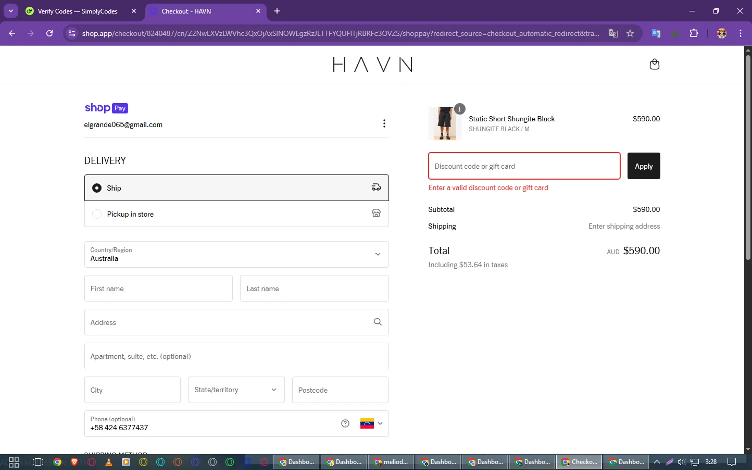 HAVN discount code screenshot showing code rrrsub10 applied at HAVN checkout page. Uploaded by SimplyCodes community member PrimeSeeker905 on Apr 25, 2025