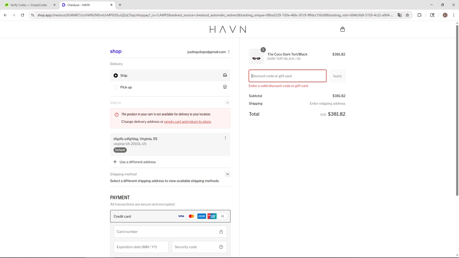 HAVN discount code screenshot showing code LB20 applied at HAVN checkout page. Uploaded by SimplyCodes community member BENELLI on Aug 29, 2025