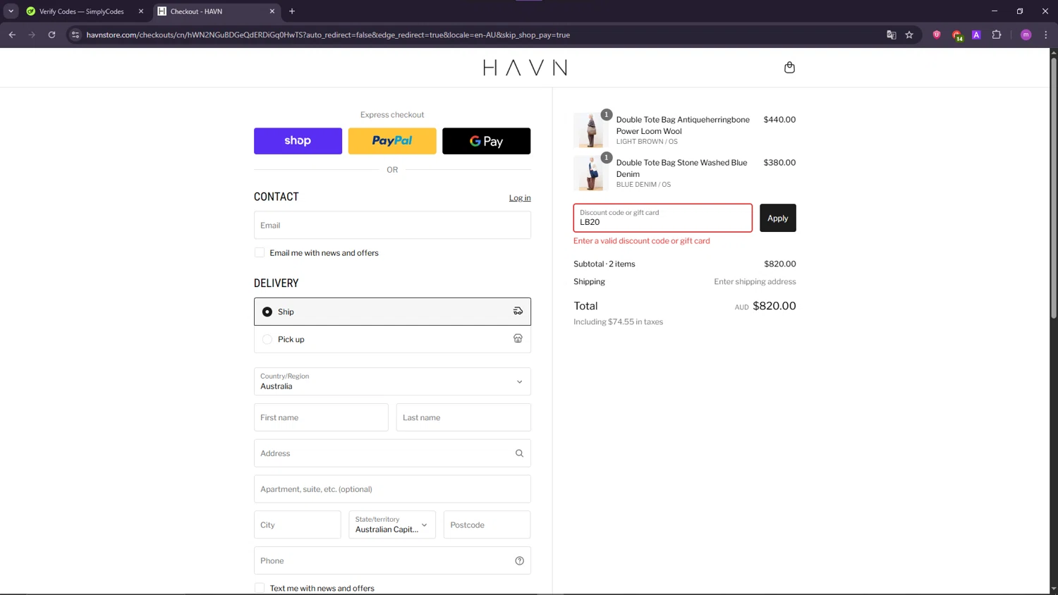 HAVN discount code screenshot showing code LB20 applied at HAVN checkout page. Uploaded by SimplyCodes community member TokenChaser4876 on Aug 29, 2025