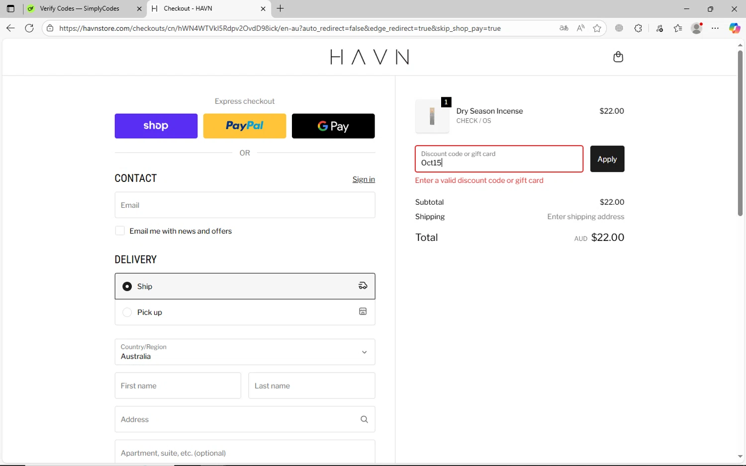 HAVN discount code screenshot showing code Oct15 applied at HAVN checkout page. Uploaded by SimplyCodes community member jhoanDepp on Oct 25, 2025