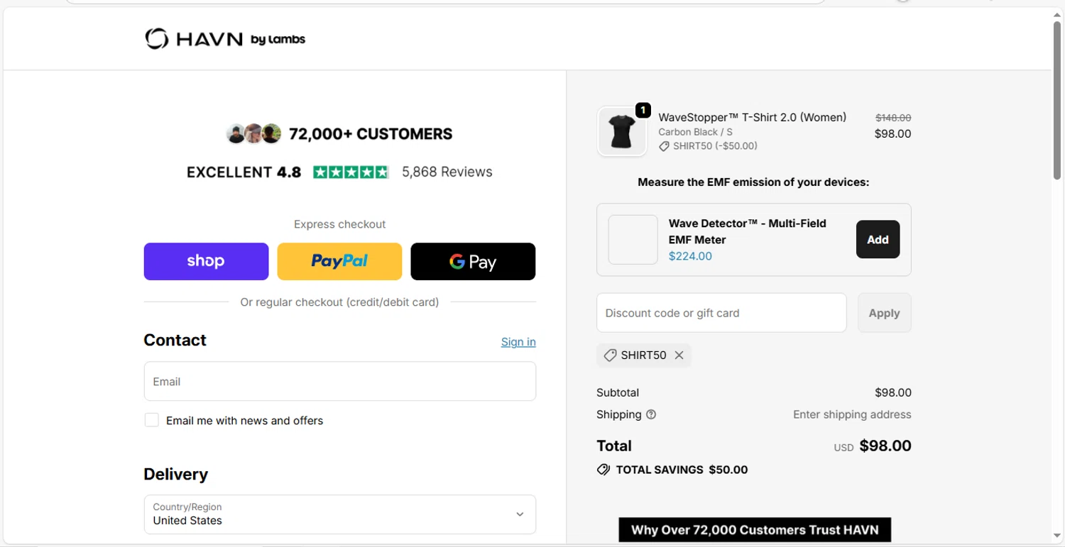 HAVN Wear promo code screenshot showing code SHIRT50 applied at HAVN Wear checkout page. Uploaded by SimplyCodes community member MagnificentVirtuoso8433 on Nov 14, 2025