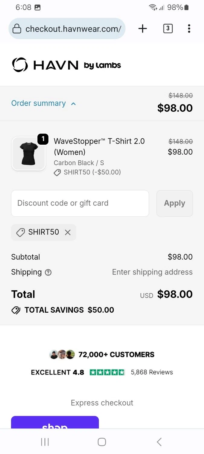HAVN Wear promo code screenshot showing code SHIRT50 applied at HAVN Wear checkout page. Uploaded by SimplyCodes community member ScanMaverick9378 on Nov 14, 2025