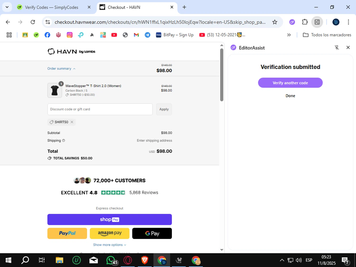 HAVN Wear promo code screenshot showing code SHIRT50 applied at HAVN Wear checkout page. Uploaded by SimplyCodes community member SunJinWoo on Aug 11, 2025