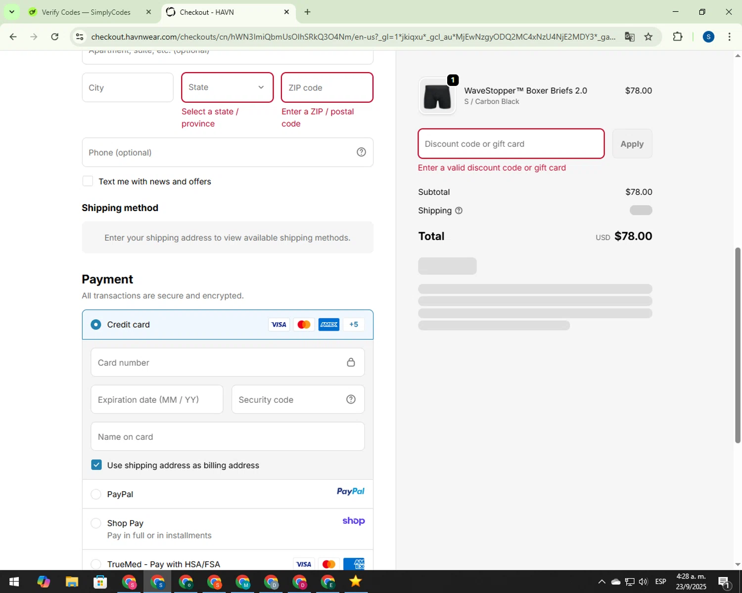 HAVN Wear promo code screenshot showing code GLOW applied at HAVN Wear checkout page. Uploaded by SimplyCodes community member 00000007 on Sep 23, 2025