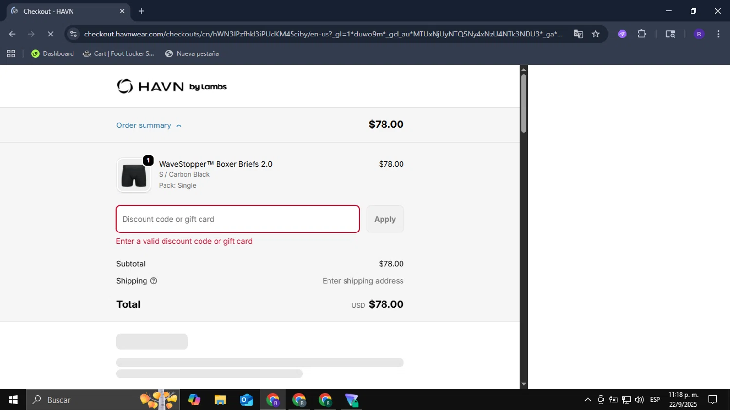 HAVN Wear promo code screenshot showing code GLOW applied at HAVN Wear checkout page. Uploaded by SimplyCodes community member Mykeusername on Sep 23, 2025