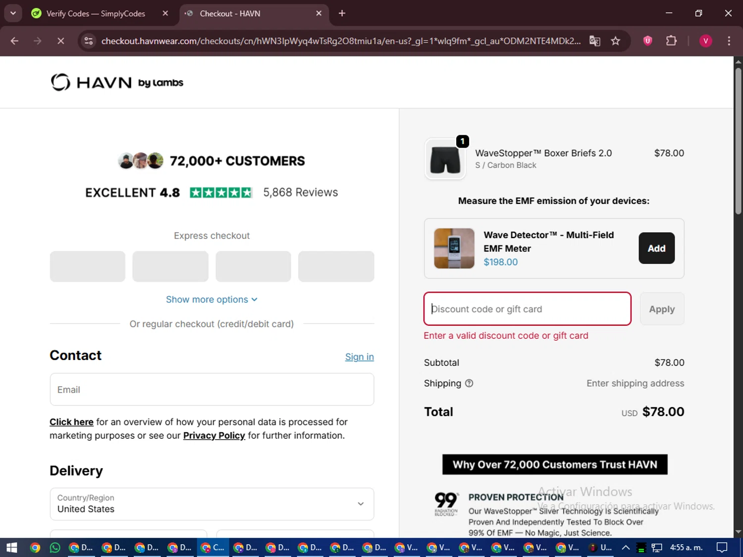 HAVN Wear promo code screenshot showing code GLOW applied at HAVN Wear checkout page. Uploaded by SimplyCodes community member ShieldEagle6102 on Sep 23, 2025