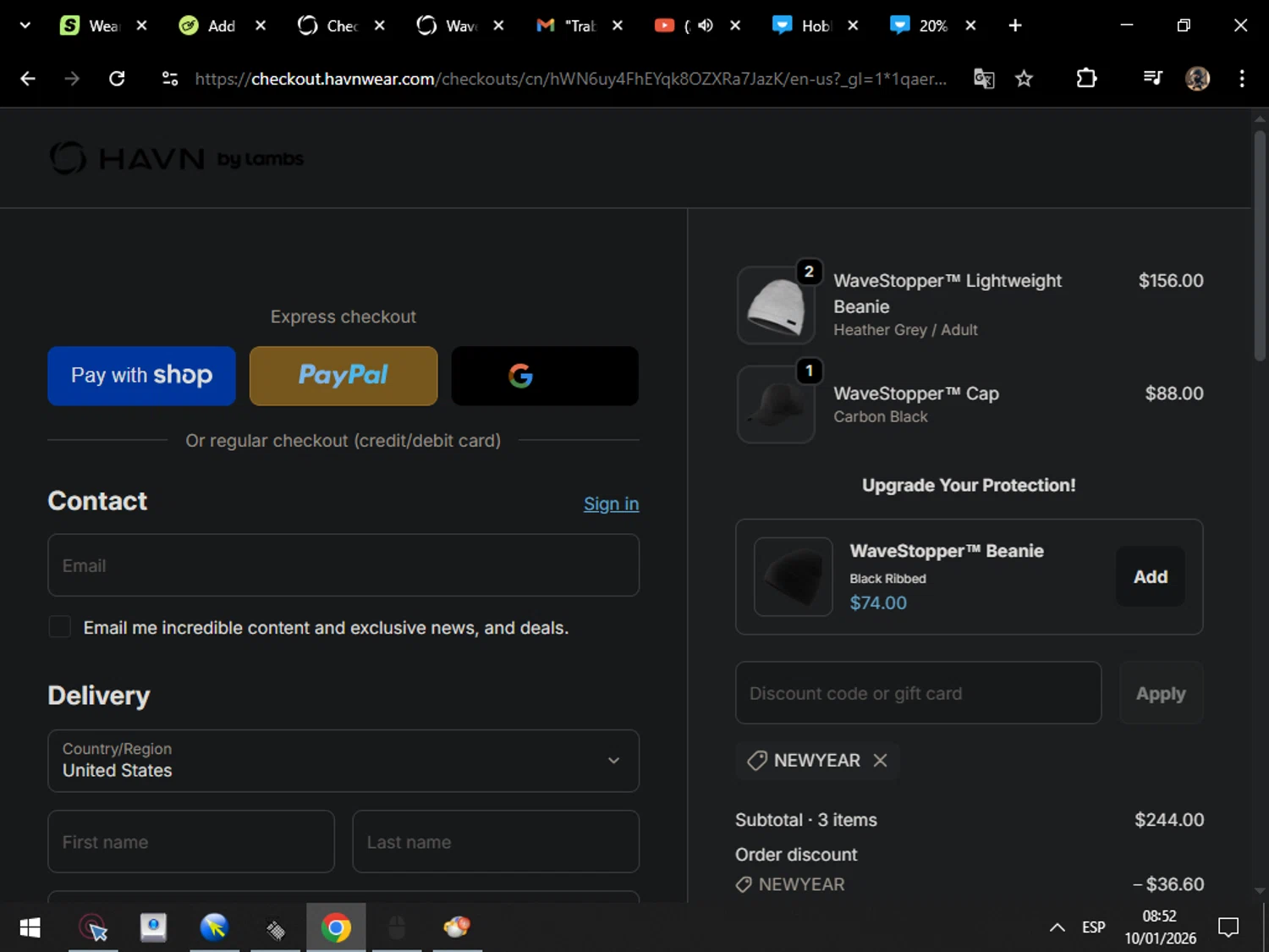 HAVN Wear promo code screenshot showing code NEWYEAR applied at HAVN Wear checkout page. Uploaded by SimplyCodes community member MarcosAranguren on Jan 10, 2026