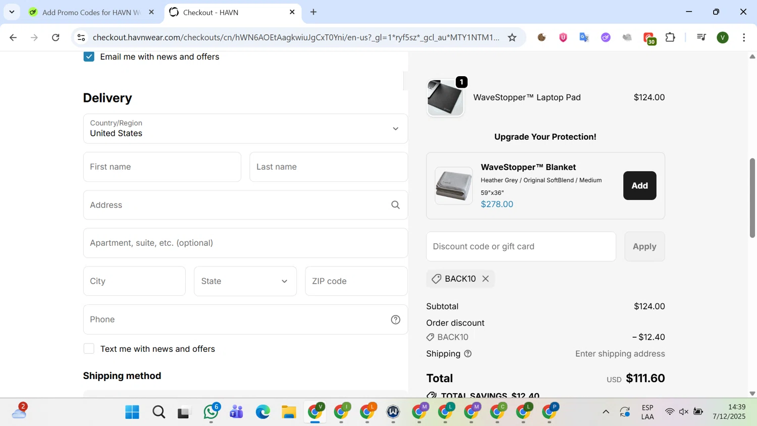 HAVN Wear promo code screenshot showing code BACK10 applied at HAVN Wear checkout page. Uploaded by SimplyCodes community member SilverCollector8265 on Dec 7, 2025
