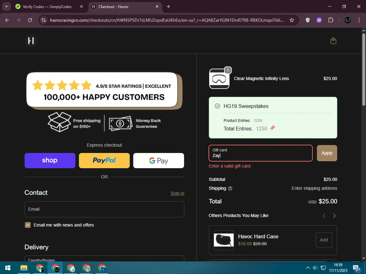 Havoc discount code screenshot showing code Zay applied at Havoc checkout page. Uploaded by SimplyCodes community member BargainWizard5755 on Nov 17, 2025