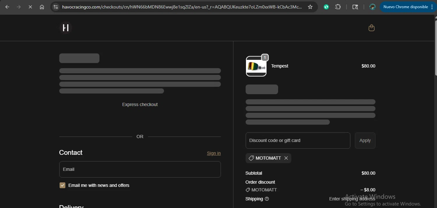 Havoc discount code screenshot showing code MotoMatt applied at Havoc checkout page. Uploaded by SimplyCodes community member MariaCorinaMachado on Dec 6, 2025