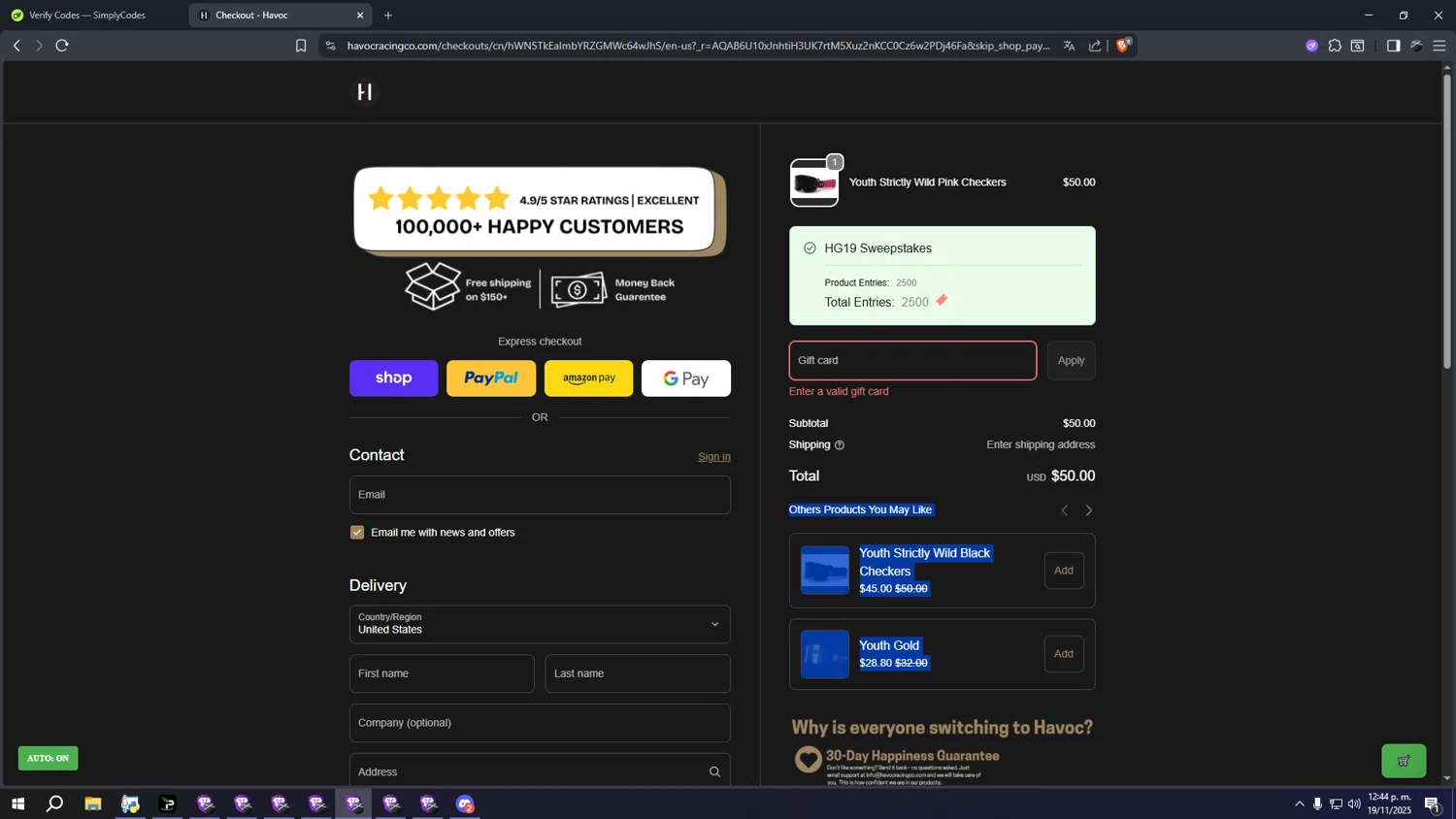 Havoc discount code screenshot showing code MotoMatt applied at Havoc checkout page. Uploaded by SimplyCodes community member sssssssssssssssssss on Nov 19, 2025