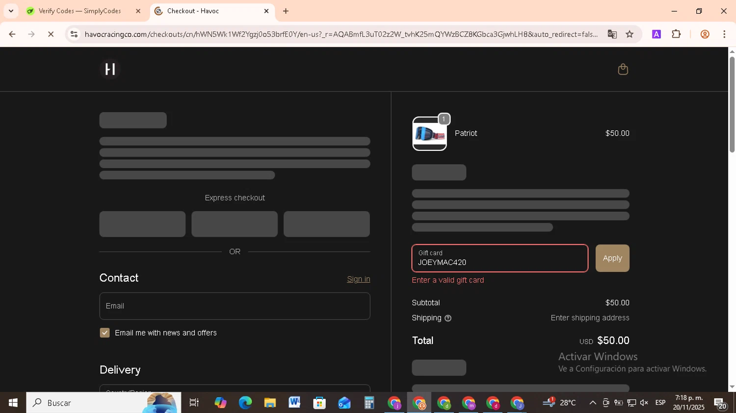 Havoc discount code screenshot showing code JOEYMAC420 applied at Havoc checkout page. Uploaded by SimplyCodes community member RebateCollector5909 on Nov 20, 2025