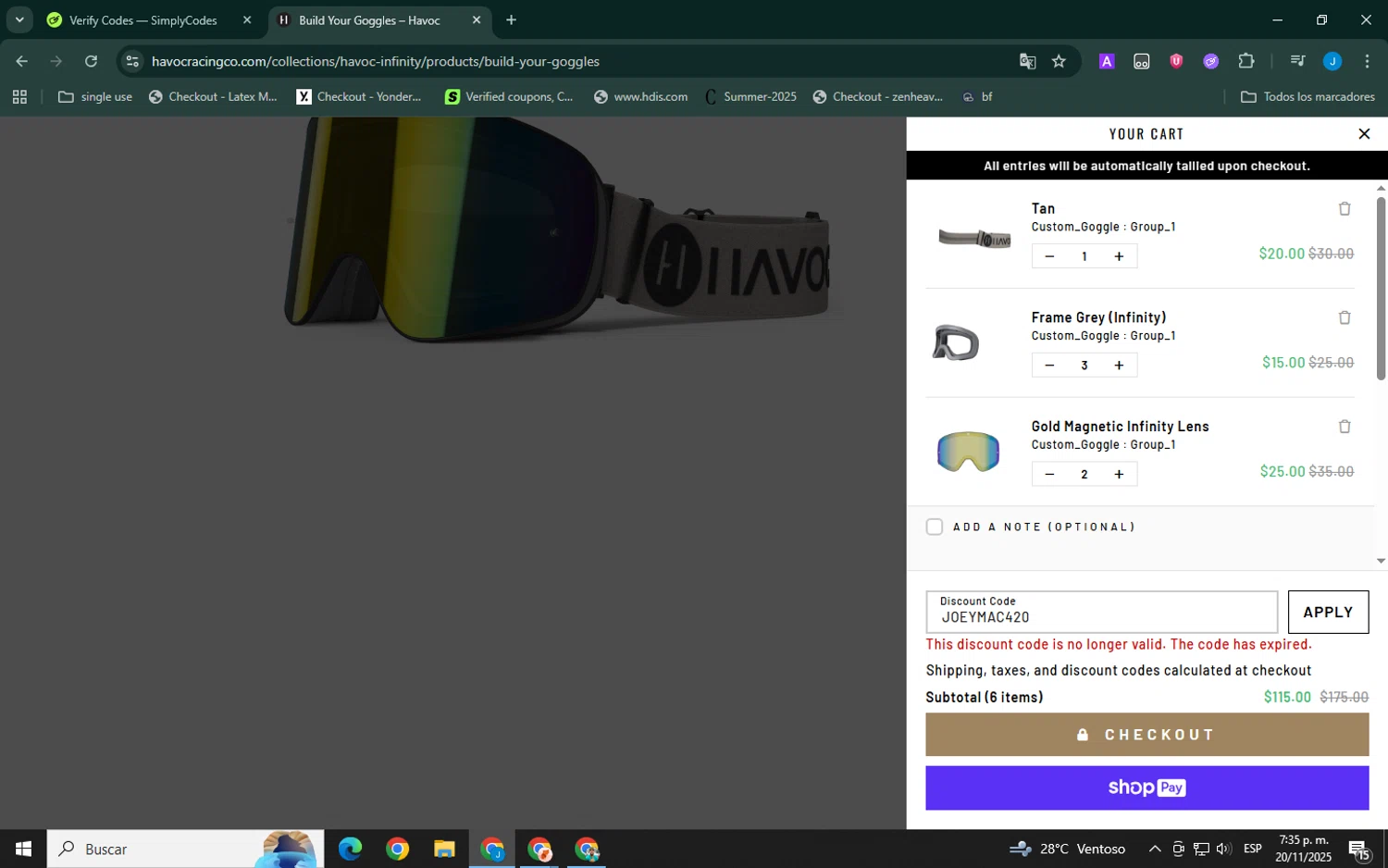Havoc discount code screenshot showing code JOEYMAC420 applied at Havoc checkout page. Uploaded by SimplyCodes community member ELVERGALARGA on Nov 20, 2025