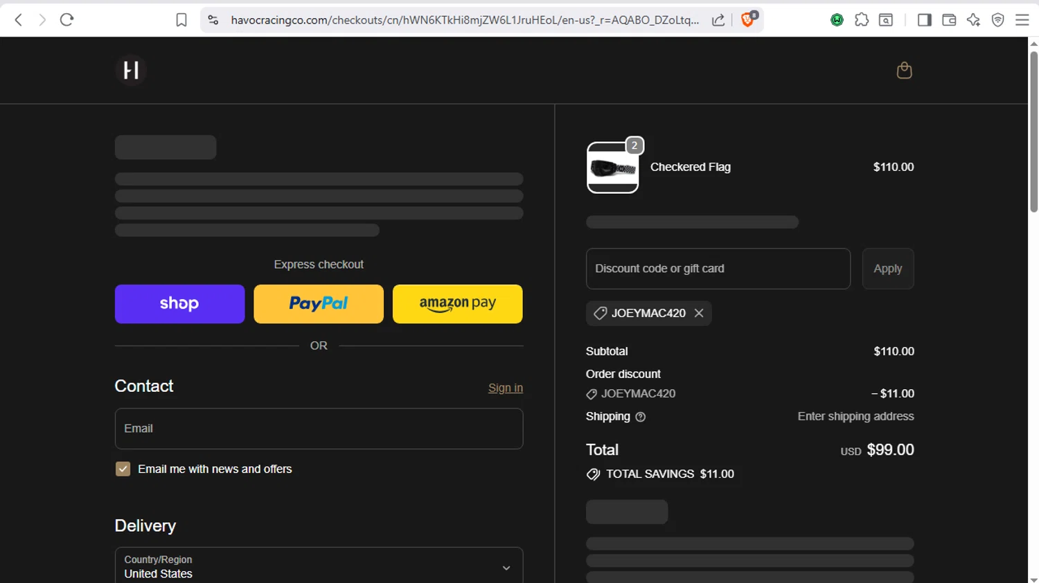 Havoc discount code screenshot showing code JOEYMAC420 applied at Havoc checkout page. Uploaded by SimplyCodes community member dayselis15 on Dec 12, 2025