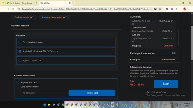 HawaiiActivities.com checkout page showing HawaiiActivities.com coupon code box | Screenshot taken by SimplyCodes community member on Sep 7, 2025
