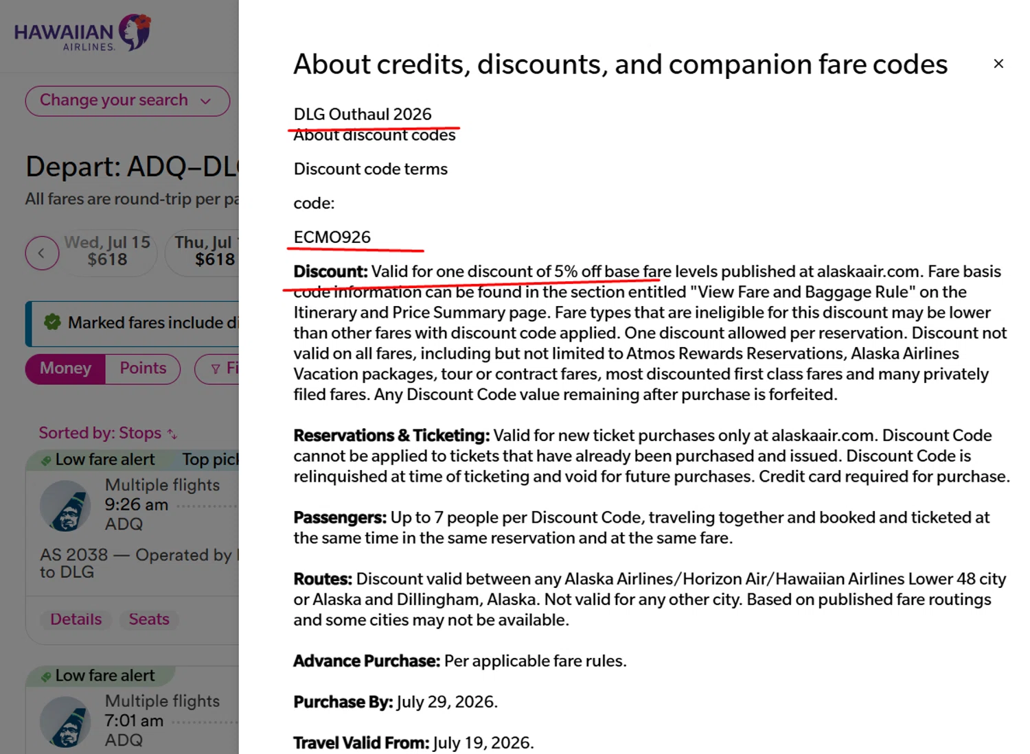 Hawaiian Airlines promo code screenshot showing code ECMO926 applied at Hawaiian Airlines checkout page. Uploaded by SimplyCodes community member morella687 on Jun 3, 2026