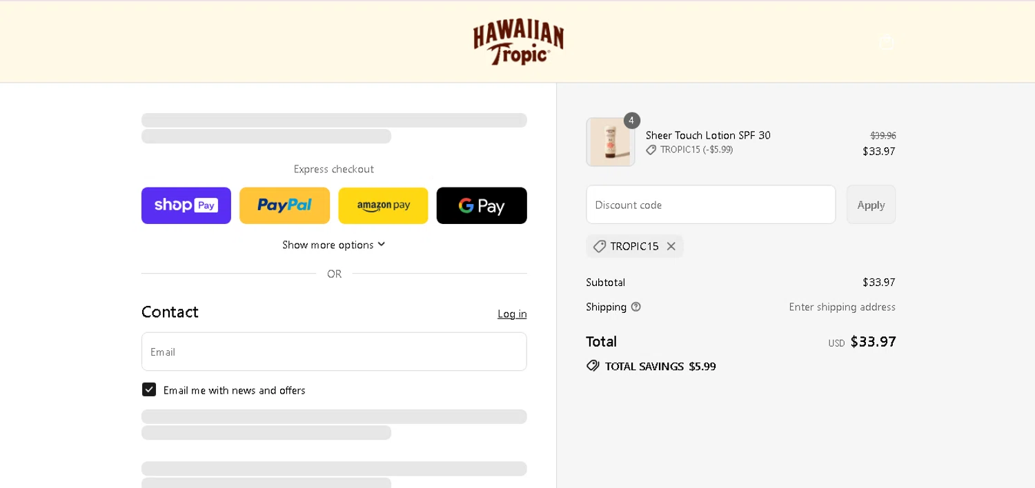 Hawaiian Tropic discount code screenshot showing code TROPIC15 applied at Hawaiian Tropic checkout page. Uploaded by SimplyCodes community member MagnificentCurator5441 on Aug 23, 2025