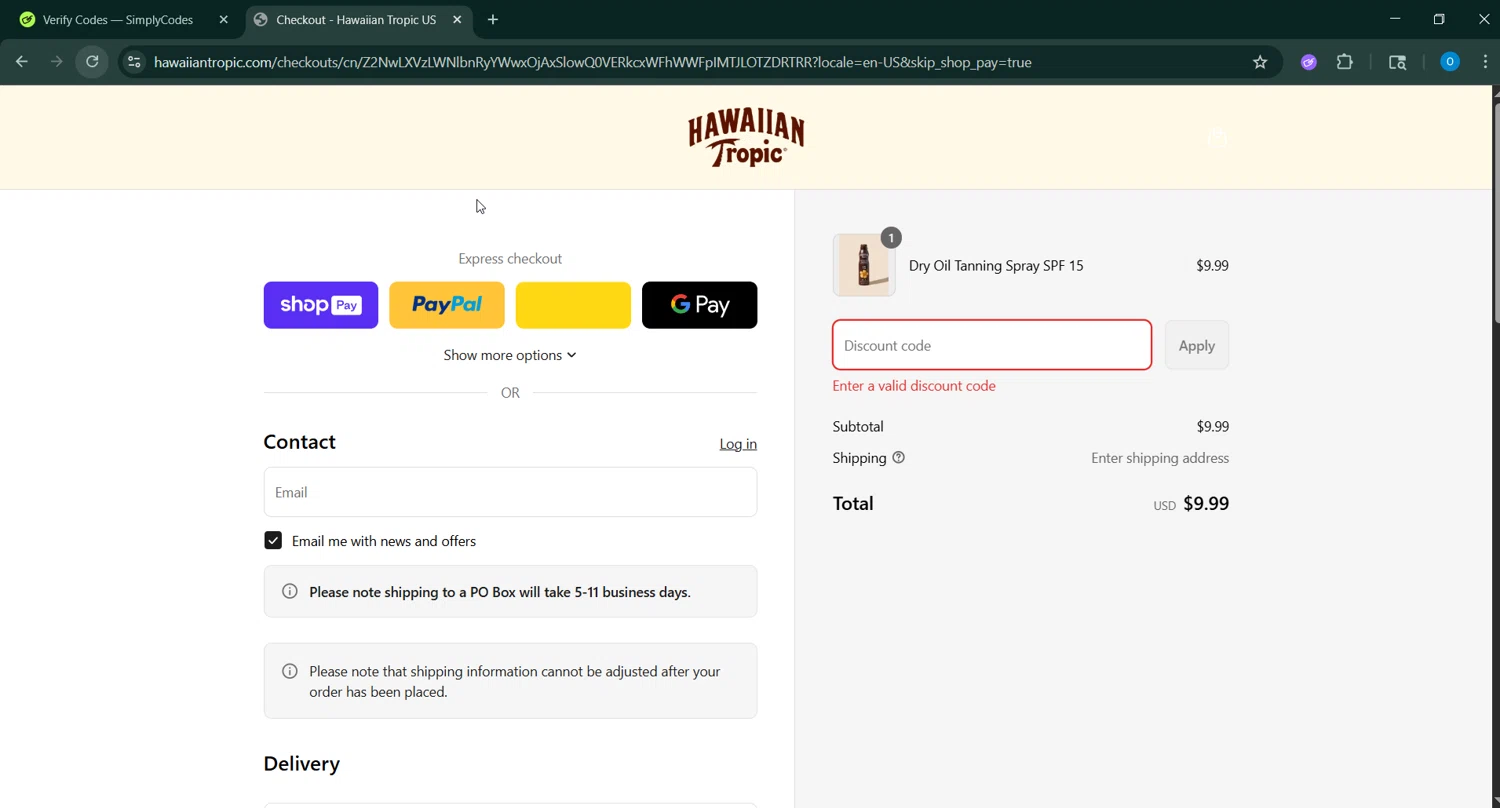 Hawaiian Tropic discount code screenshot showing code SUNNYDAY15 applied at Hawaiian Tropic checkout page. Uploaded by SimplyCodes community member _____________ on Jun 30, 2025