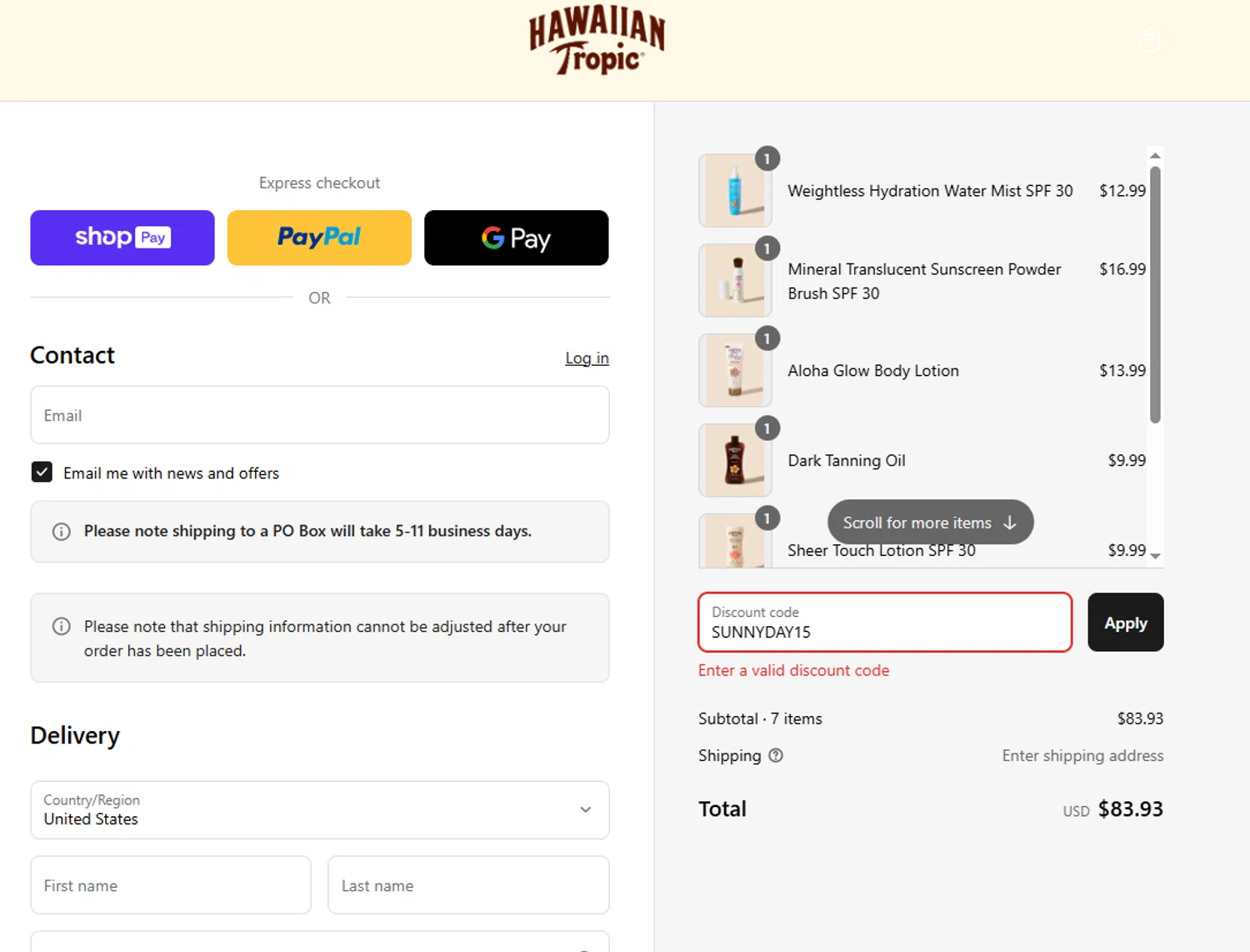 Hawaiian Tropic discount code screenshot showing code SUNNYDAY15 applied at Hawaiian Tropic checkout page. Uploaded by SimplyCodes community member Danielalejandro on Jun 30, 2025