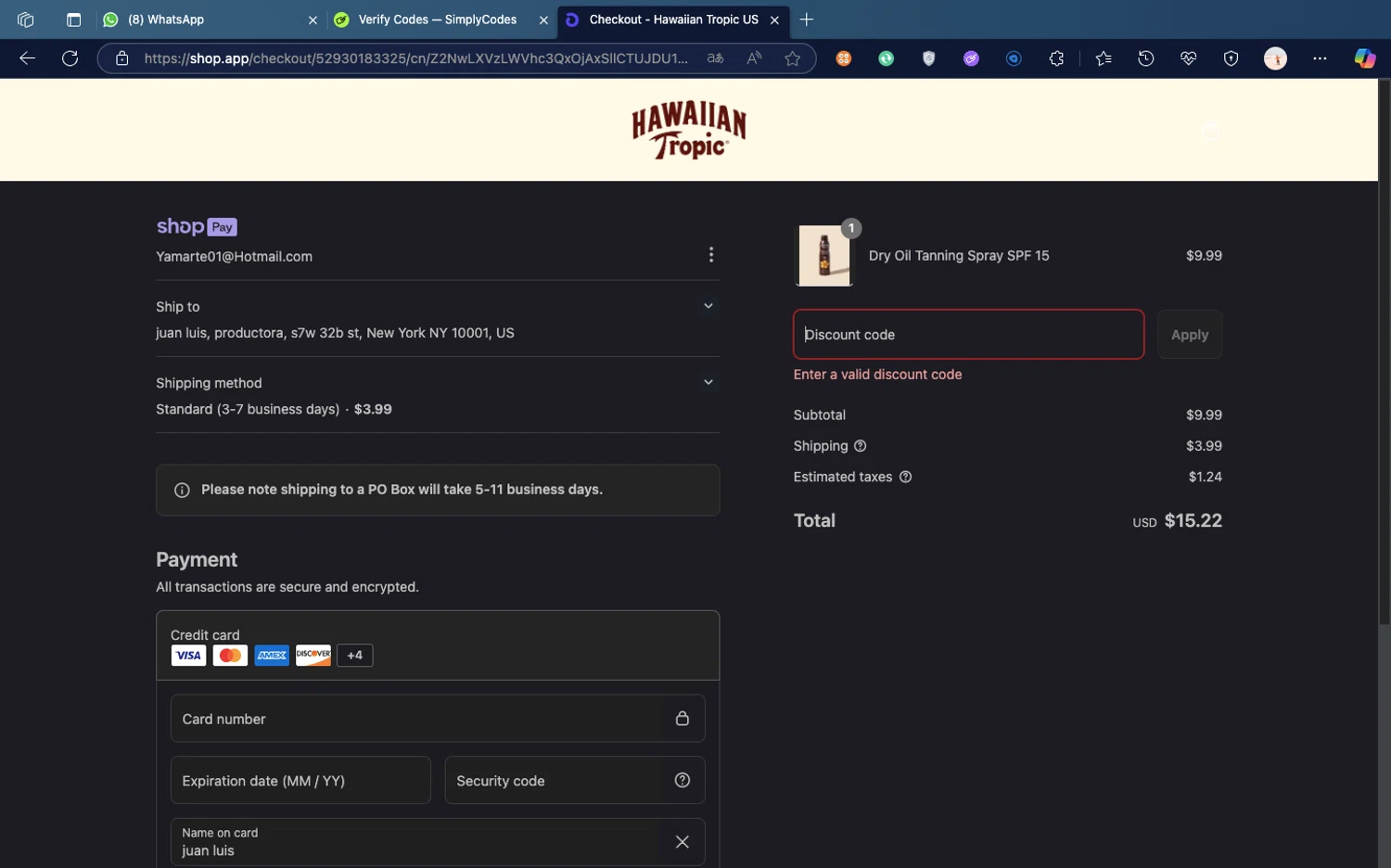 Hawaiian Tropic discount code screenshot showing code YAYSUMMER20 applied at Hawaiian Tropic checkout page. Uploaded by SimplyCodes community member Peluche on Jun 22, 2025