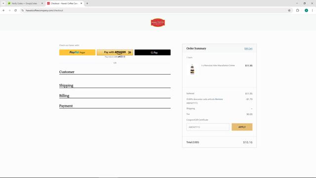 Hawaii Coffee Company checkout page showing Hawaii Coffee Company promo code box | Screenshot taken by SimplyCodes community member on Aug 11, 2025