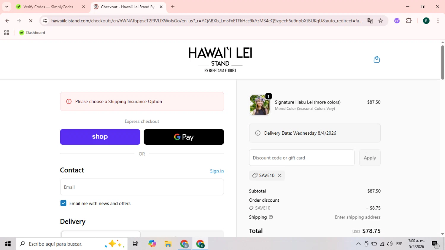 Hawaii Lei Stand promo code screenshot showing code SAVE10 applied at Hawaii Lei Stand checkout page. Uploaded by SimplyCodes community member Esteban14 on Apr 5, 2026
