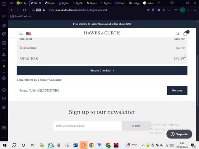 Hawes & Curtis US checkout page showing Hawes & Curtis US promo code box | Screenshot taken by SimplyCodes community member on Sep 30, 2024