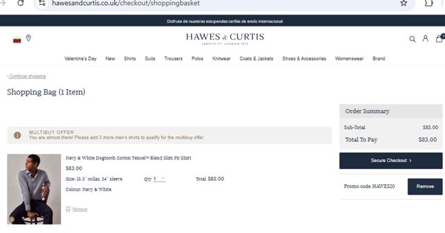 Hawes & Curtis US checkout page showing Hawes & Curtis US promo code box | Screenshot taken by SimplyCodes community member on Jan 31, 2025