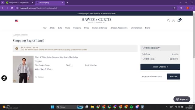 Hawes & Curtis US checkout page showing Hawes & Curtis US promo code box | Screenshot taken by SimplyCodes community member on Feb 18, 2025
