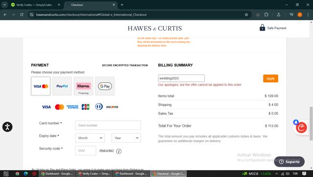 Hawes & Curtis US checkout page showing Hawes & Curtis US promo code box | Screenshot taken by SimplyCodes community member on Jan 31, 2025