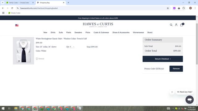 Hawes & Curtis US checkout page showing Hawes & Curtis US promo code box | Screenshot taken by SimplyCodes community member on Oct 31, 2024