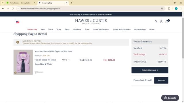 Hawes & Curtis US checkout page showing Hawes & Curtis US promo code box | Screenshot taken by SimplyCodes community member on Jan 15, 2025