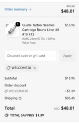 Welcome20 coupon verification screenshot