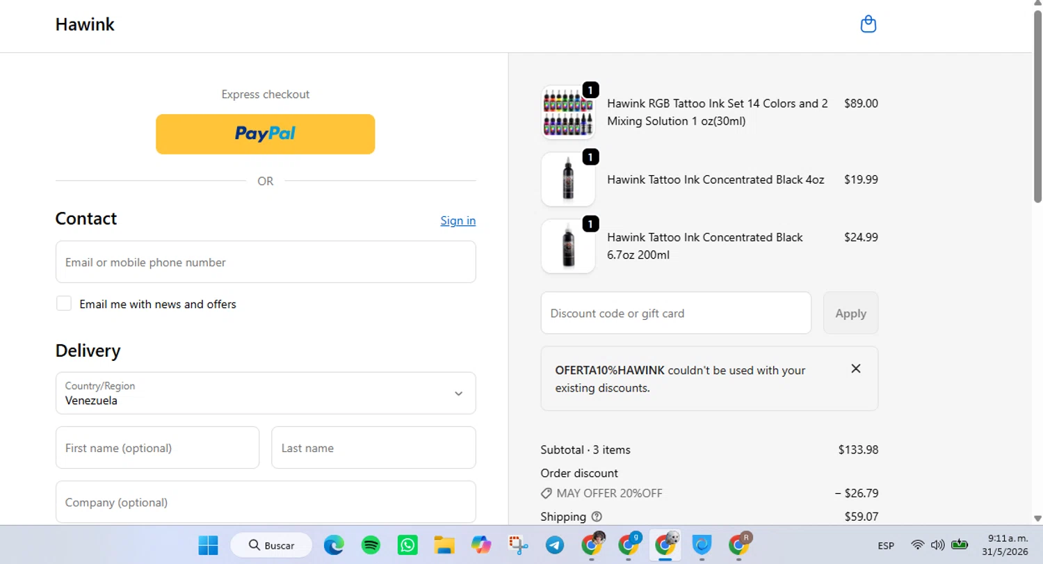 Hawink promo code screenshot showing code oferta10%hawink applied at Hawink checkout page. Uploaded by SimplyCodes community member FrugalVirtuoso6318 on May 31, 2026