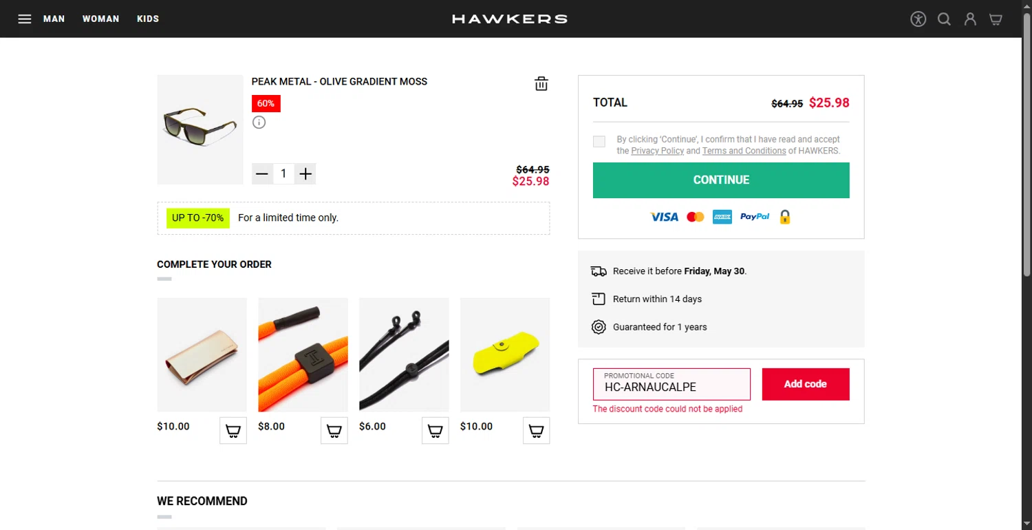 Hawkers Co. discount code screenshot showing code HC-ARNAUCALPE applied at Hawkers Co. checkout page. Uploaded by SimplyCodes community member DiscountTracker247 on May 24, 2025
