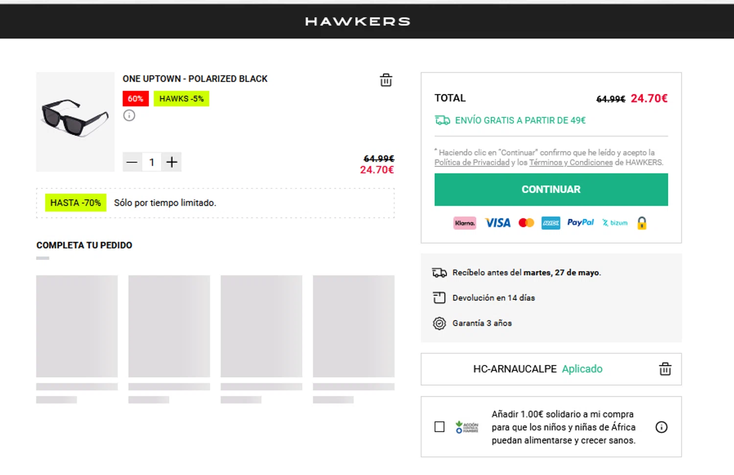 Hawkers Co. discount code screenshot showing code HC-ARNAUCALPE applied at Hawkers Co. checkout page. Uploaded by SimplyCodes community member CRYSTALSUICINE on May 24, 2025
