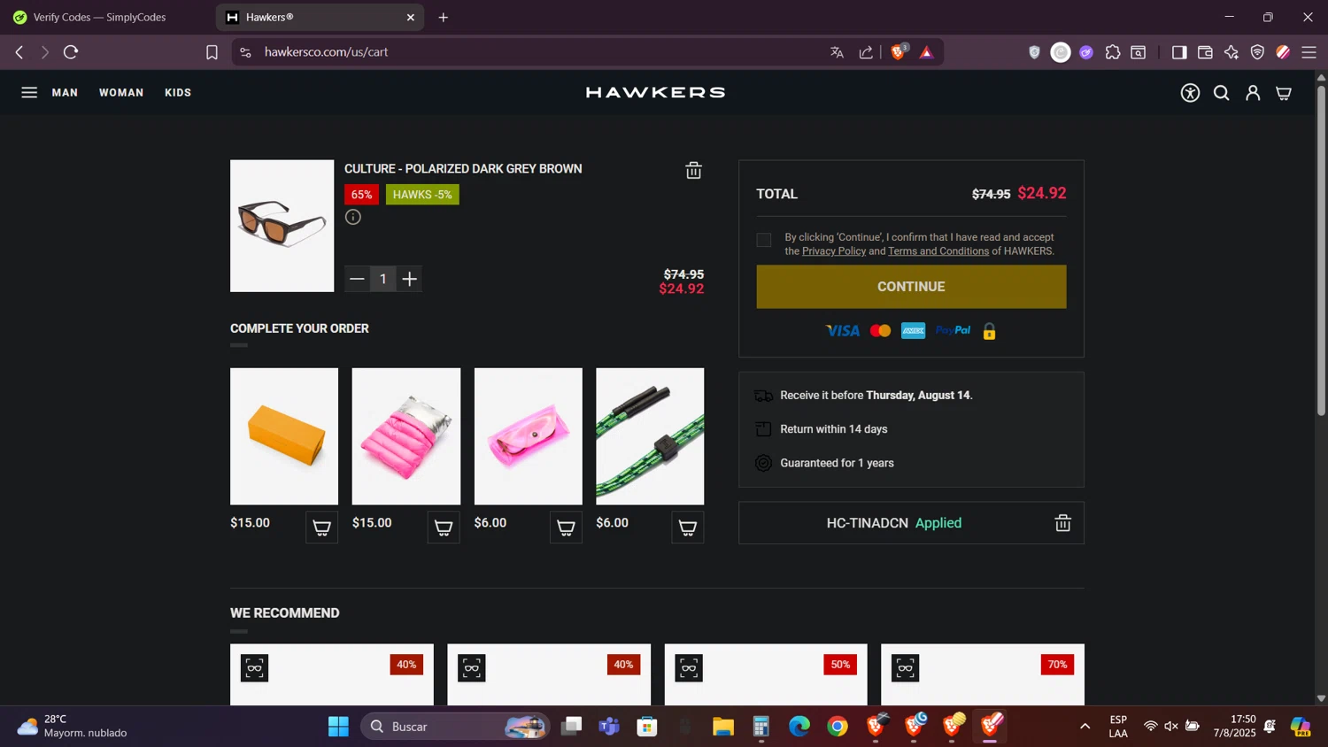 Hawkers Co. discount code screenshot showing code HC-TINADCN applied at Hawkers Co. checkout page. Uploaded by SimplyCodes community member FortunateRanger1171 on Aug 7, 2025