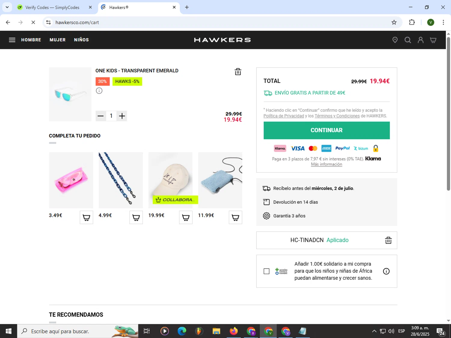 Hawkers Co. discount code screenshot showing code HC-TINADCN applied at Hawkers Co. checkout page. Uploaded by SimplyCodes community member PrimeWizard4168 on Jun 28, 2025