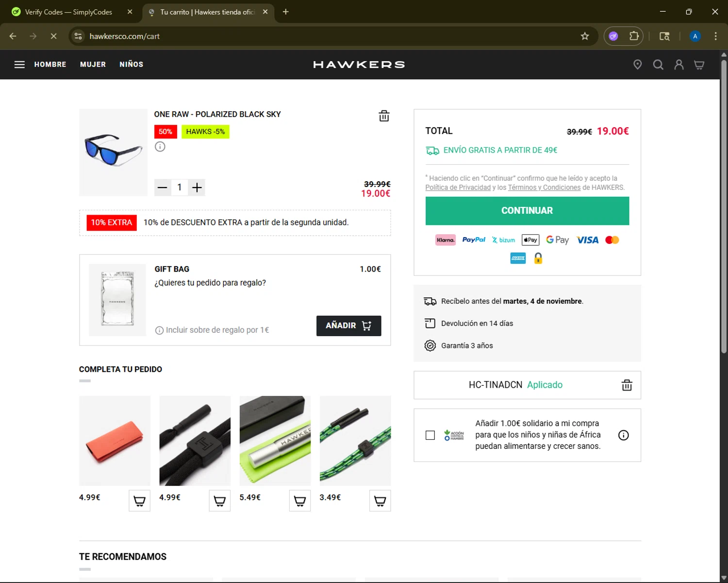 Hawkers Co. discount code screenshot showing code HC-TINADCN applied at Hawkers Co. checkout page. Uploaded by SimplyCodes community member ShrewdMaestro6940 on Nov 3, 2025