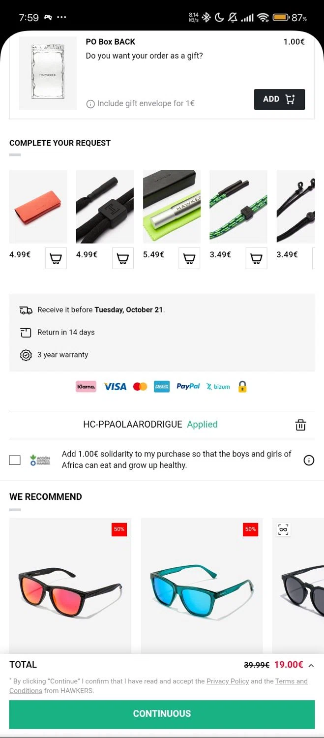 Hawkers Co. discount code screenshot showing code hc-ppaolaarodriguez applied at Hawkers Co. checkout page. Uploaded by SimplyCodes community member chinito on Oct 18, 2025