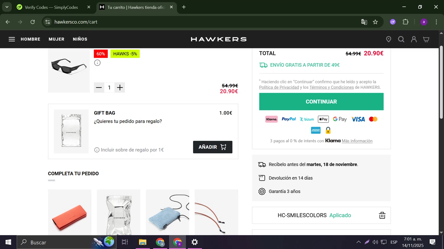 Hawkers Co. discount code screenshot showing code HC-SMILESCOLORS applied at Hawkers Co. checkout page. Uploaded by SimplyCodes community member Anderson on Nov 14, 2025