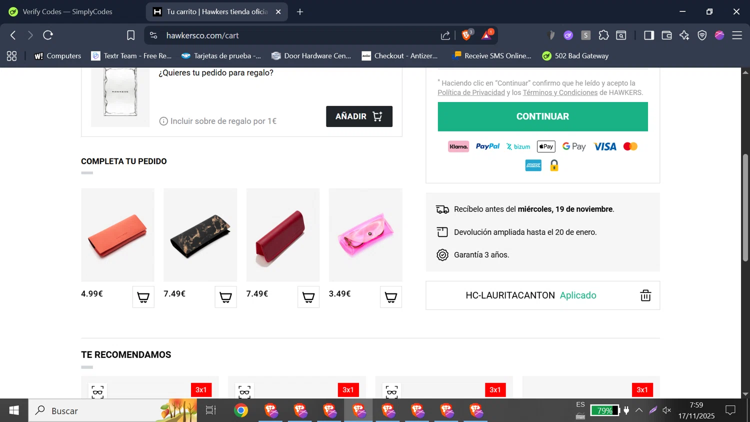 Hawkers Co. checkout page showing Hawkers Co. discount code box | Screenshot taken by SimplyCodes community member on Nov 17, 2025