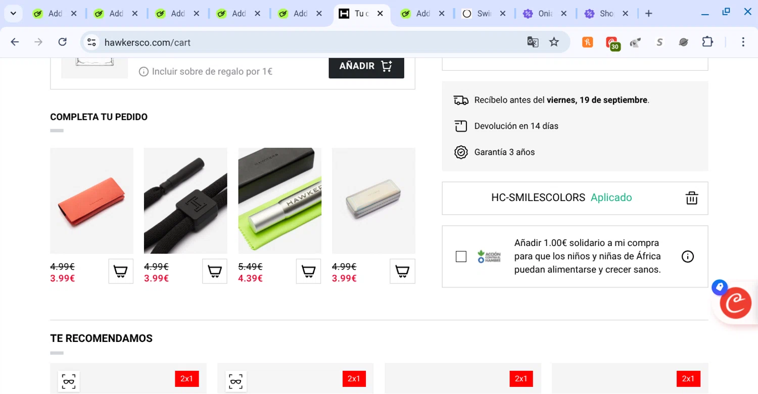 Hawkers Co. discount code screenshot showing code HC-SMILESCOLORS applied at Hawkers Co. checkout page. Uploaded by SimplyCodes community member KarinaHZ on Sep 17, 2025
