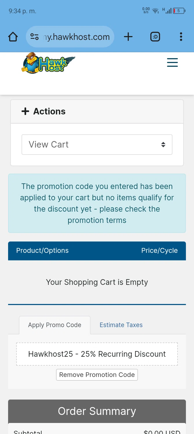 Hawk Host promo code screenshot showing code Hawkhost25 applied at Hawk Host checkout page. Uploaded by SimplyCodes community member Bernado on Jun 14, 2025