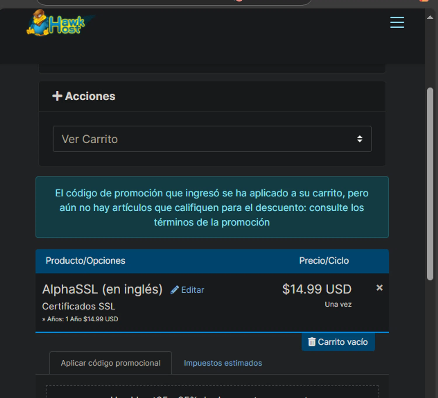Hawk Host promo code screenshot showing code Hawkhost25 applied at Hawk Host checkout page. Uploaded by SimplyCodes community member jaimitoalcachofa on Feb 17, 2025