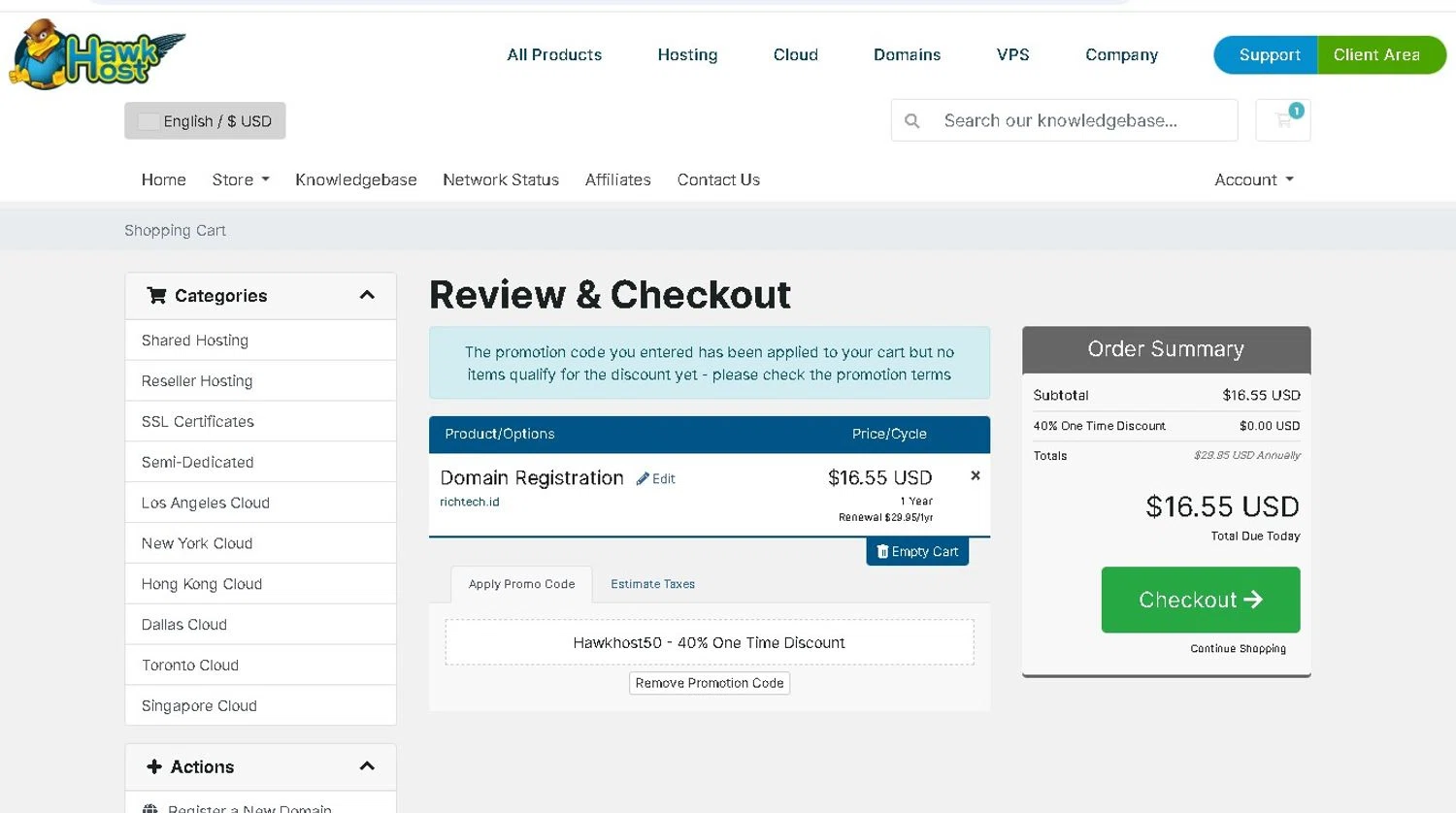 Hawk Host promo code screenshot showing code Hawkhost50 applied at Hawk Host checkout page. Uploaded by SimplyCodes community member LAMINEJAMAL on Oct 25, 2025