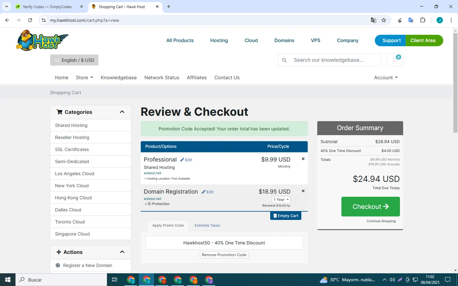 Hawk Host promo code screenshot showing code Hawkhost50 applied at Hawk Host checkout page. Uploaded by SimplyCodes community member collug_2_0 on Apr 8, 2025
