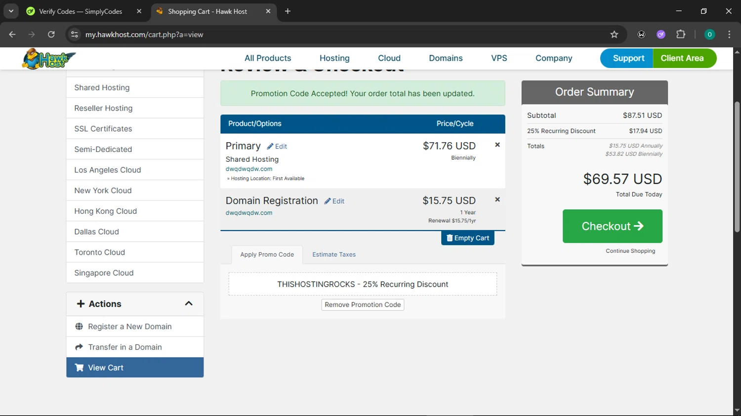 Hawk Host promo code screenshot showing code THISHOSTINGROCKS applied at Hawk Host checkout page. Uploaded by SimplyCodes community member LuckyDefender9428 on Jun 25, 2025