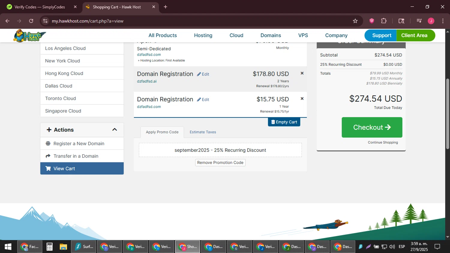 Hawk Host checkout page showing Hawk Host promo code box | Screenshot taken by SimplyCodes community member on Sep 27, 2025